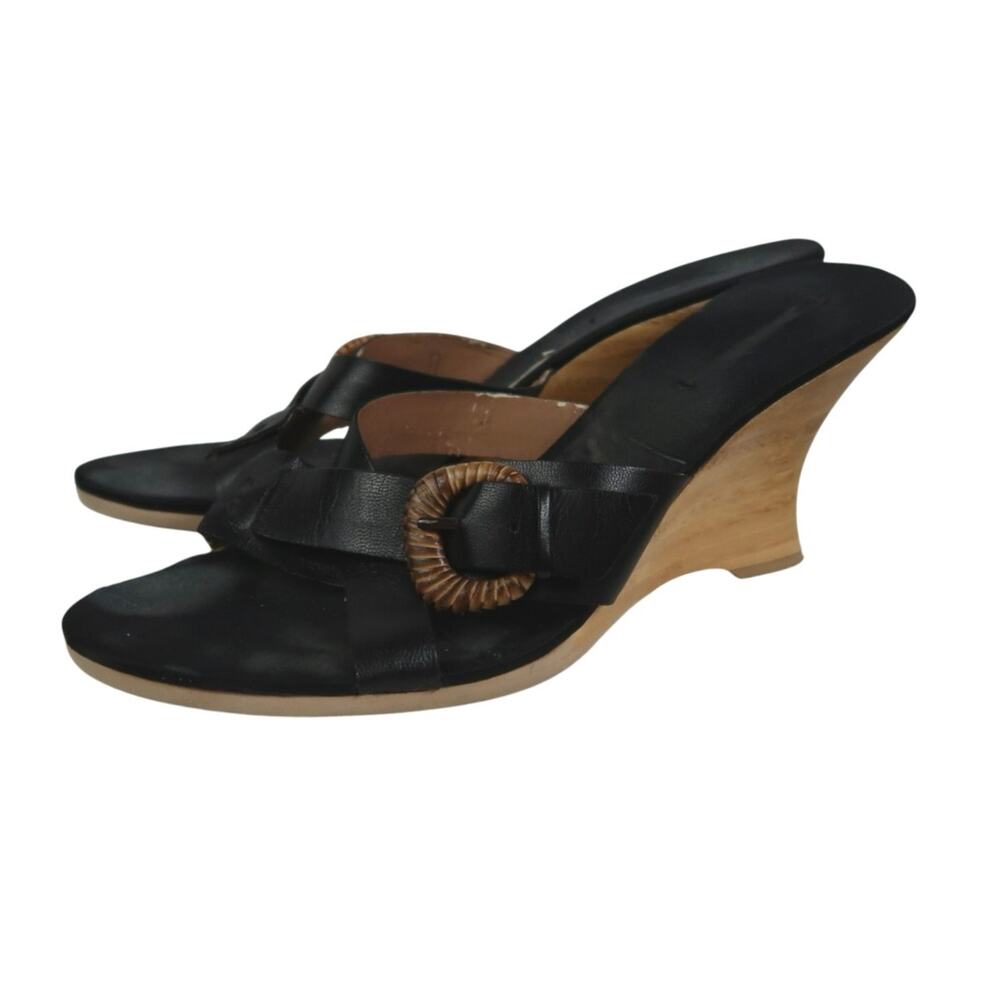 Vintage Y2K Black Leather Wedge Mule Sandals Heels 10 - Picture 3 of 7